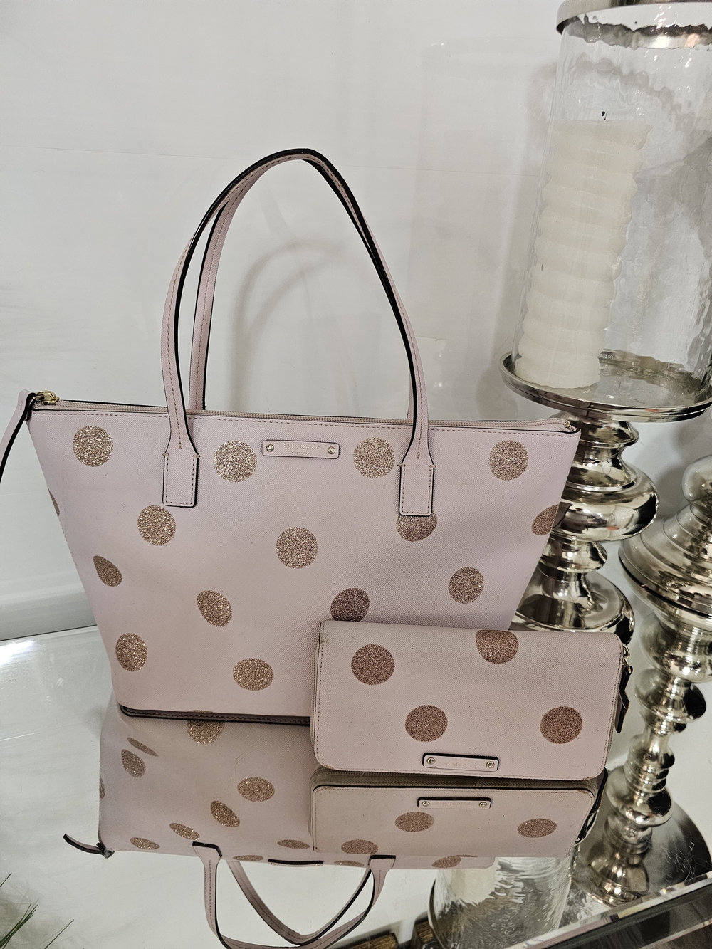 kate spade Haven Lane  Pink Tote and Wallet with Gold Glitter Polka Dots